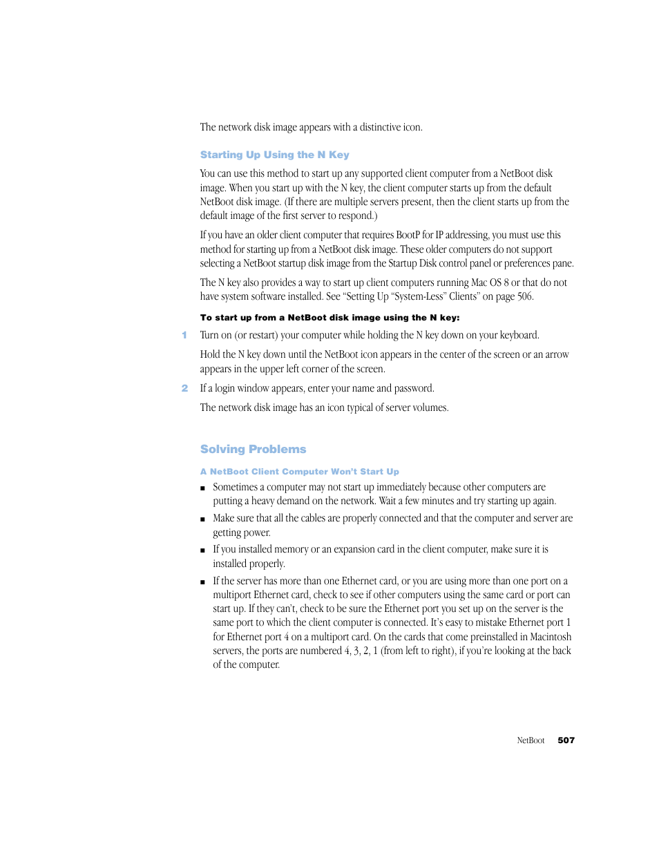 Starting up using the n key, Solving problems | Apple Mac OS X Server (Administrator’s Guide) User Manual | Page 507 / 622