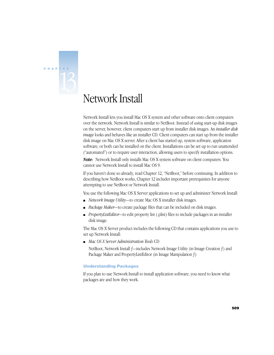 Network install, Understanding packages | Apple Mac OS X Server (Administrator’s Guide) User Manual | Page 509 / 622