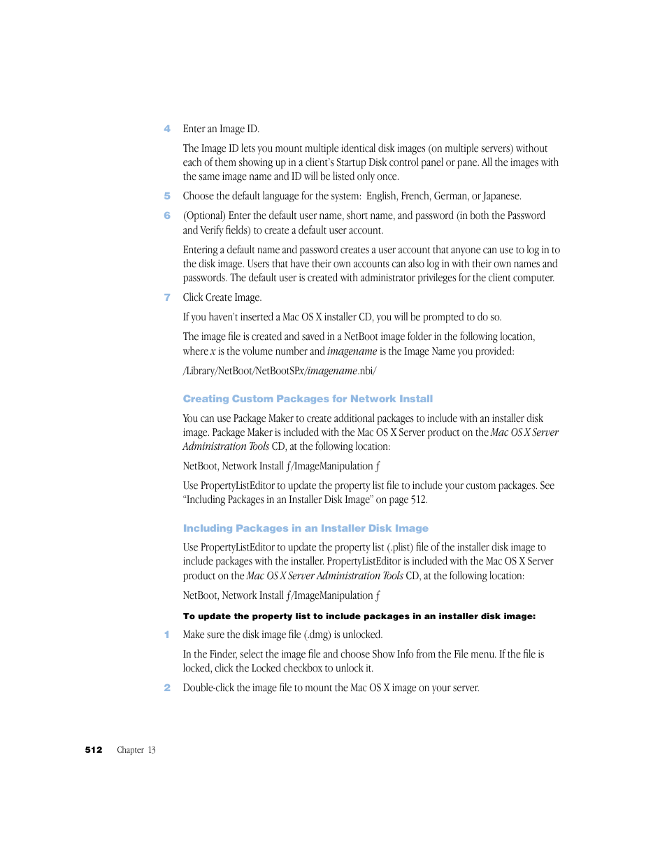 Creating custom packages for network install, Including packages in an installer disk image | Apple Mac OS X Server (Administrator’s Guide) User Manual | Page 512 / 622