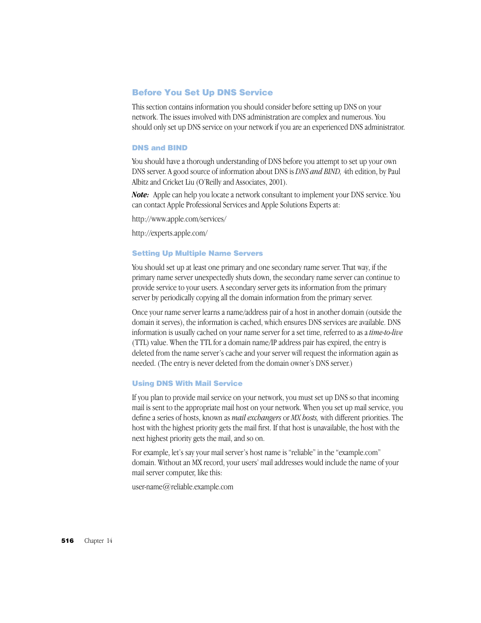 Before you set up dns service, Dns and bind, Setting up multiple name servers | Using dns with mail service | Apple Mac OS X Server (Administrator’s Guide) User Manual | Page 516 / 622