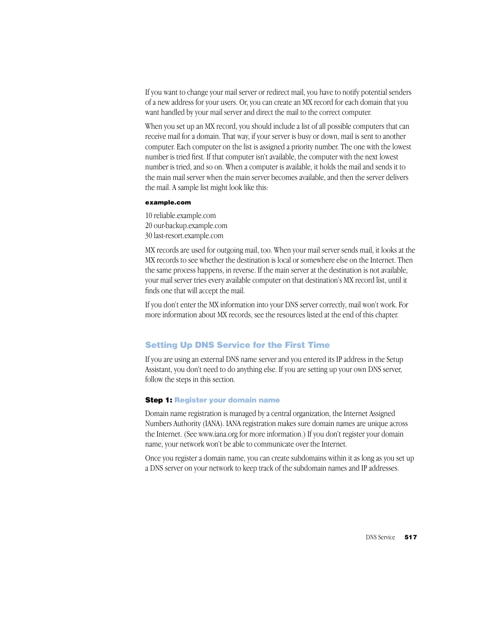 Setting up dns service for the first time, Step 1: register your domain name | Apple Mac OS X Server (Administrator’s Guide) User Manual | Page 517 / 622