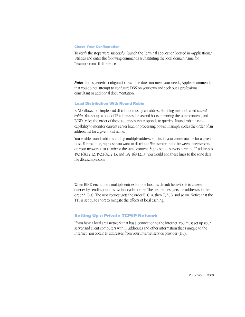 Load distribution with round robin, Setting up a private tcp/ip network | Apple Mac OS X Server (Administrator’s Guide) User Manual | Page 523 / 622