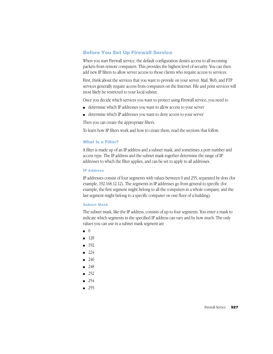 Before you set up firewall service, What is a filter | Apple Mac OS X Server (Administrator’s Guide) User Manual | Page 527 / 622