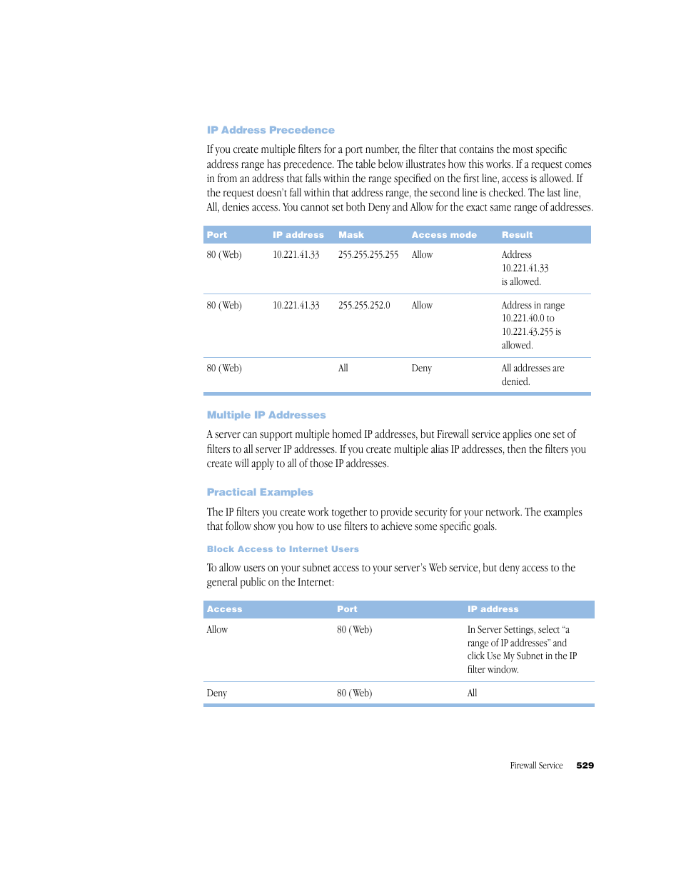 Ip address precedence, Multiple ip addresses, Practical examples | Apple Mac OS X Server (Administrator’s Guide) User Manual | Page 529 / 622