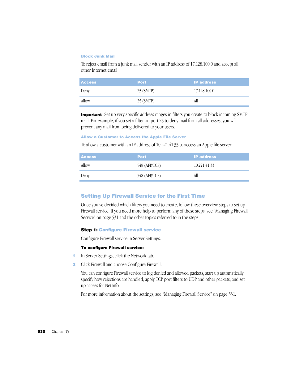 Setting up firewall service for the first time, Step 1: configure firewall service | Apple Mac OS X Server (Administrator’s Guide) User Manual | Page 530 / 622