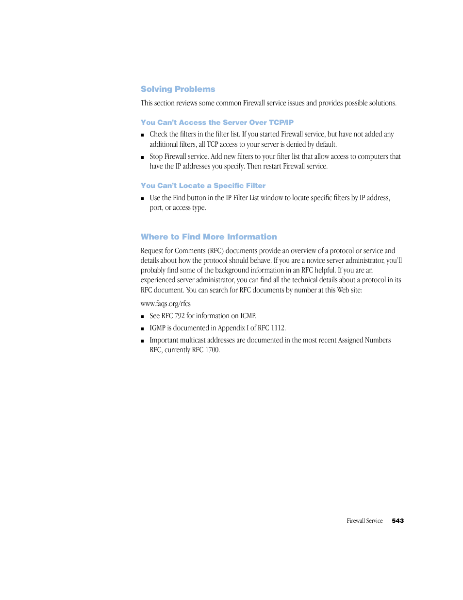 Solving problems, You can’t access the server over tcp/ip, You can’t locate a specific filter | Where to find more information | Apple Mac OS X Server (Administrator’s Guide) User Manual | Page 543 / 622