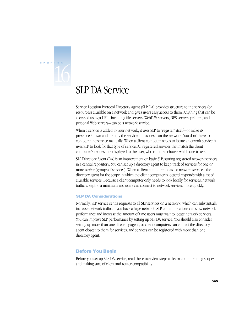 Slp da service, Slp da considerations, Before you begin | Chapter 16, “slp da service,” describes ser | Apple Mac OS X Server (Administrator’s Guide) User Manual | Page 545 / 622