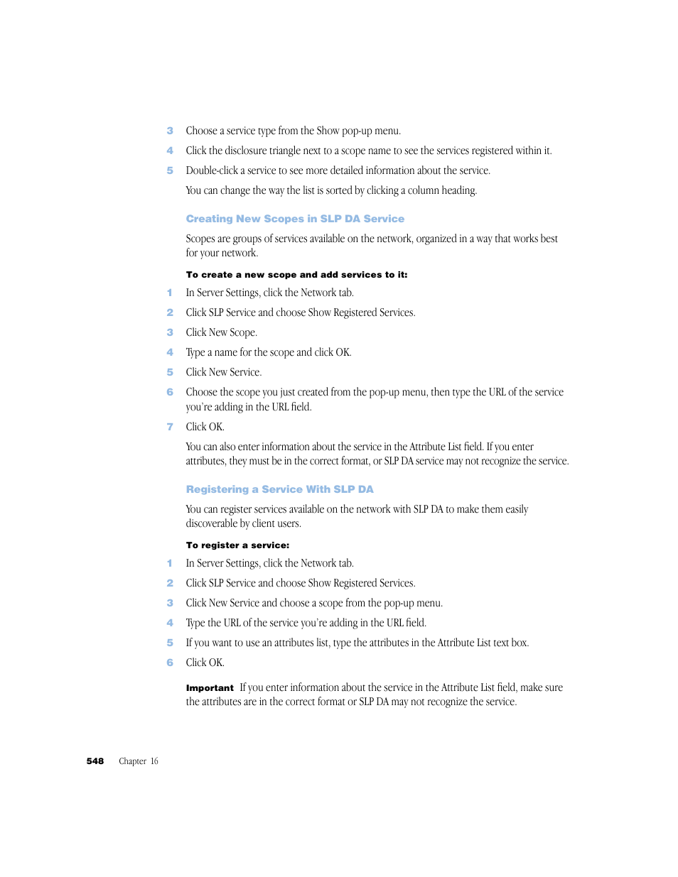 Creating new scopes in slp da service, Registering a service with slp da | Apple Mac OS X Server (Administrator’s Guide) User Manual | Page 548 / 622