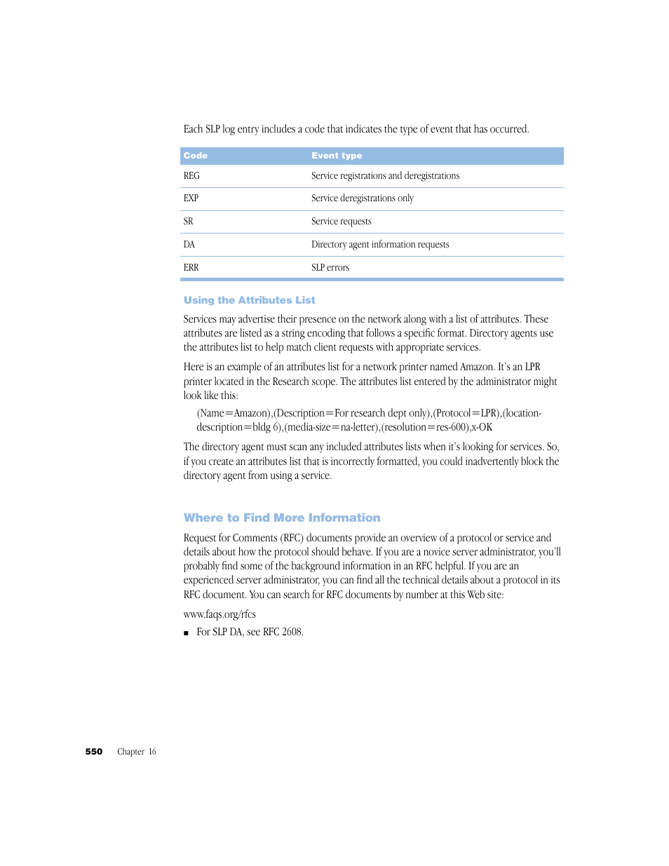 Using the attributes list, Where to find more information | Apple Mac OS X Server (Administrator’s Guide) User Manual | Page 550 / 622