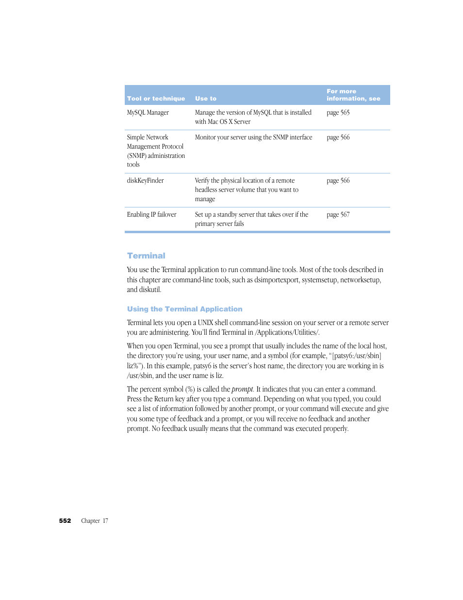 Terminal, Using the terminal application | Apple Mac OS X Server (Administrator’s Guide) User Manual | Page 552 / 622