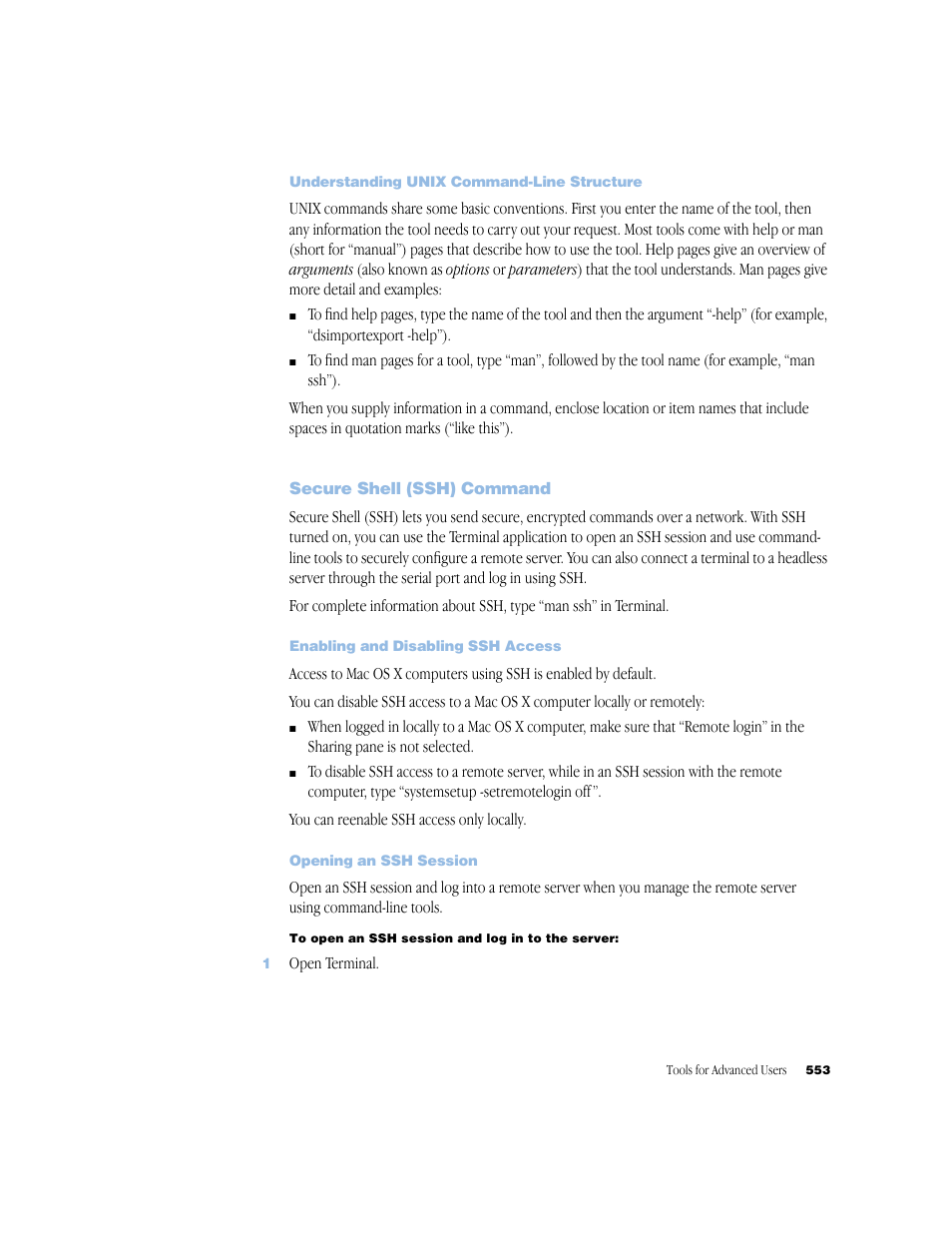 Understanding unix command-line structure, Secure shell (ssh) command, Enabling and disabling ssh access | Opening an ssh session | Apple Mac OS X Server (Administrator’s Guide) User Manual | Page 553 / 622