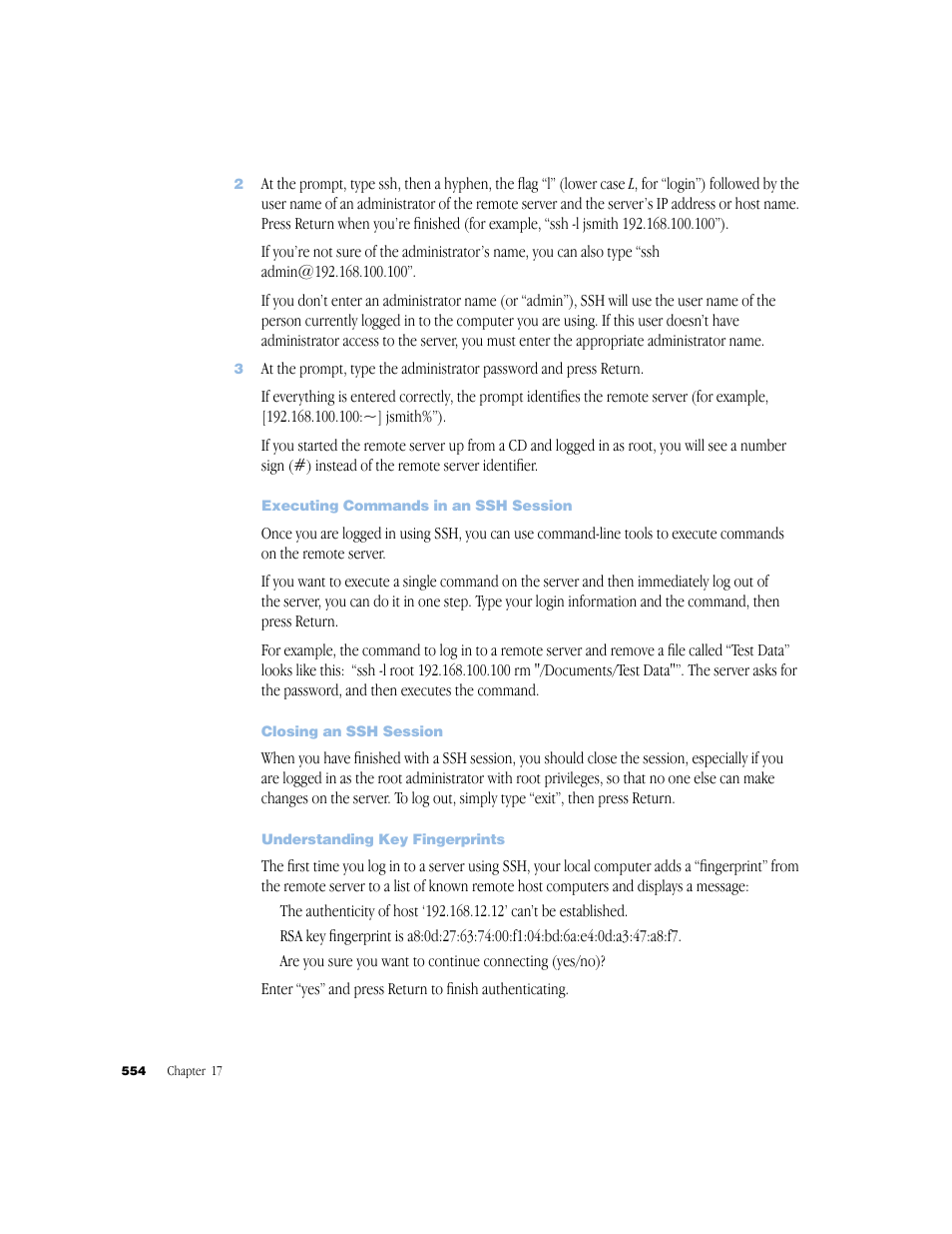 Executing commands in an ssh session, Closing an ssh session, Understanding key fingerprints | Apple Mac OS X Server (Administrator’s Guide) User Manual | Page 554 / 622