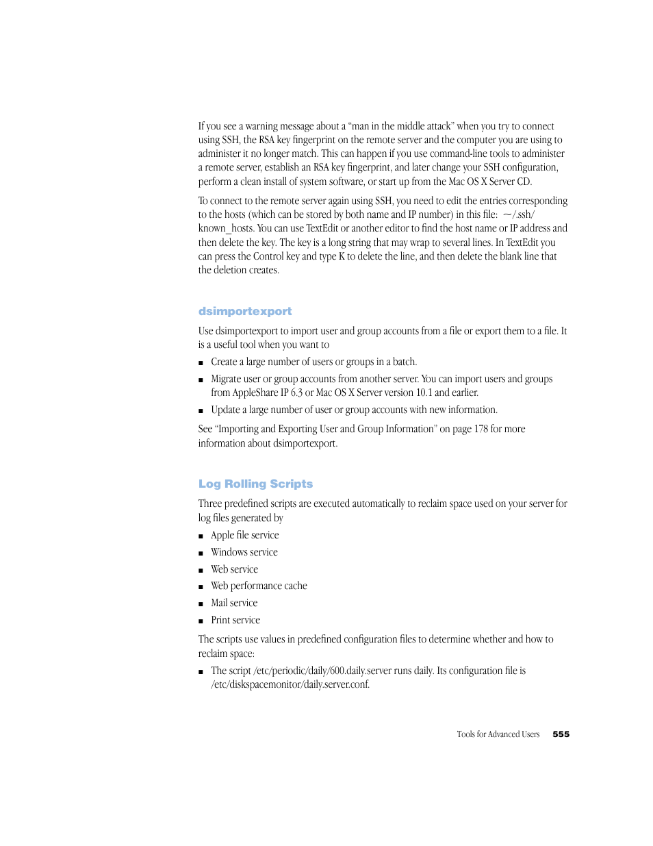 Dsimportexport, Log rolling scripts | Apple Mac OS X Server (Administrator’s Guide) User Manual | Page 555 / 622