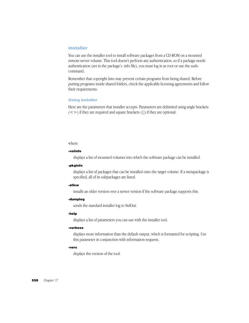 Installer, Using installer | Apple Mac OS X Server (Administrator’s Guide) User Manual | Page 558 / 622