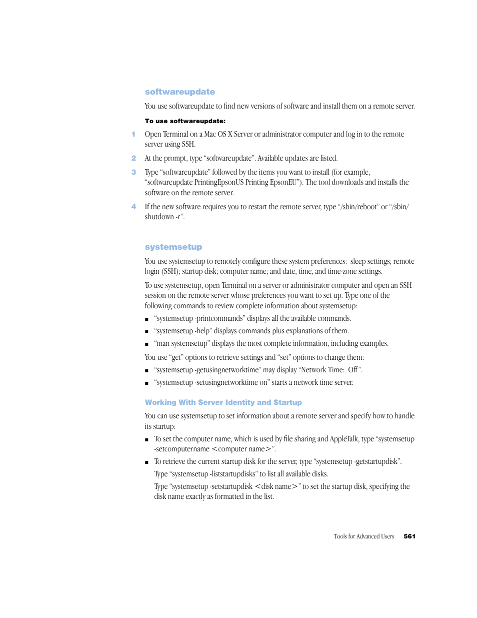 Softwareupdate, Systemsetup, Working with server identity and startup | Apple Mac OS X Server (Administrator’s Guide) User Manual | Page 561 / 622