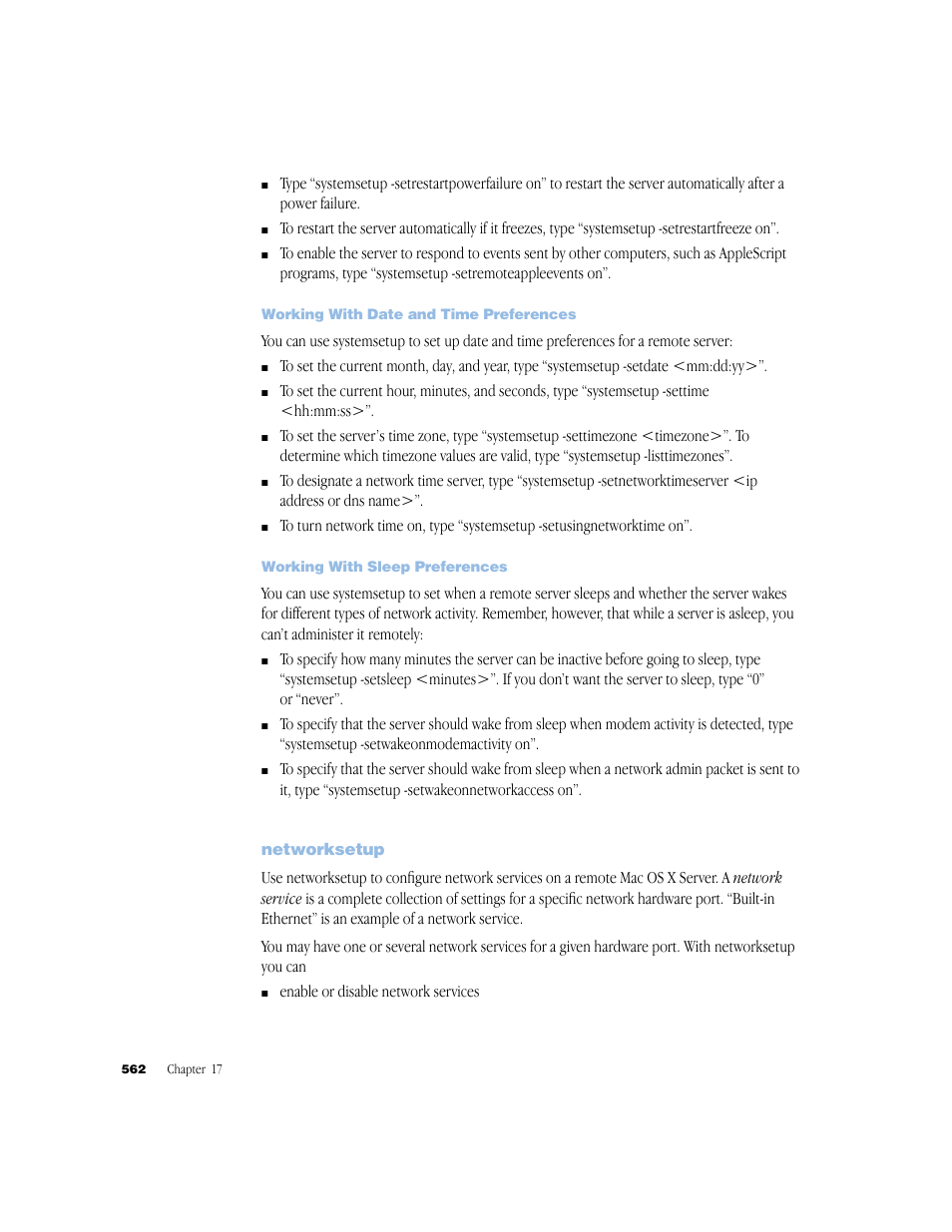 Working with date and time preferences, Working with sleep preferences, Networksetup | Apple Mac OS X Server (Administrator’s Guide) User Manual | Page 562 / 622
