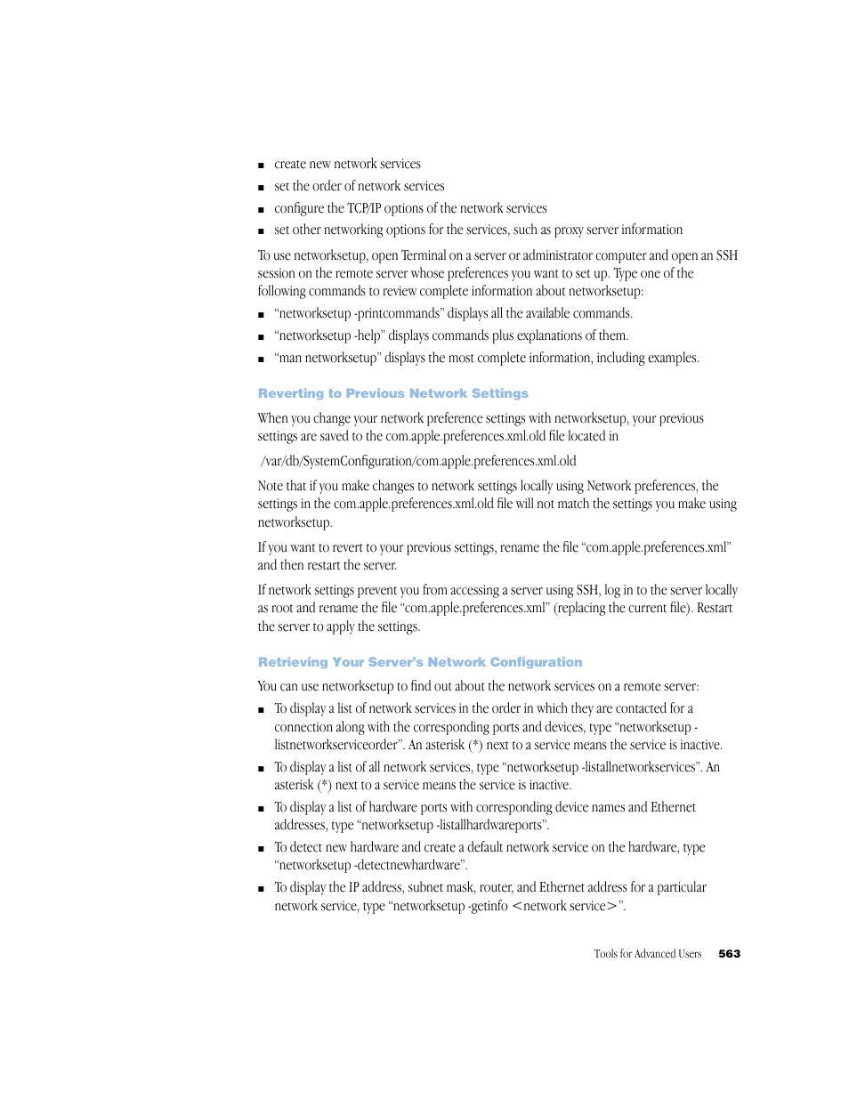 Reverting to previous network settings, Retrieving your server’s network configuration | Apple Mac OS X Server (Administrator’s Guide) User Manual | Page 563 / 622