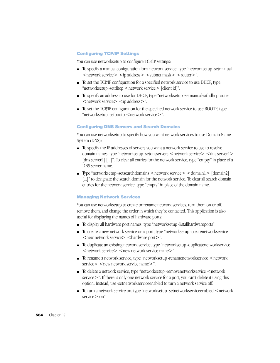 Configuring tcp/ip settings, Configuring dns servers and search domains, Managing network services | Apple Mac OS X Server (Administrator’s Guide) User Manual | Page 564 / 622