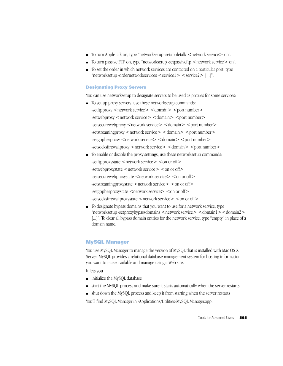 Designating proxy servers, Mysql manager | Apple Mac OS X Server (Administrator’s Guide) User Manual | Page 565 / 622