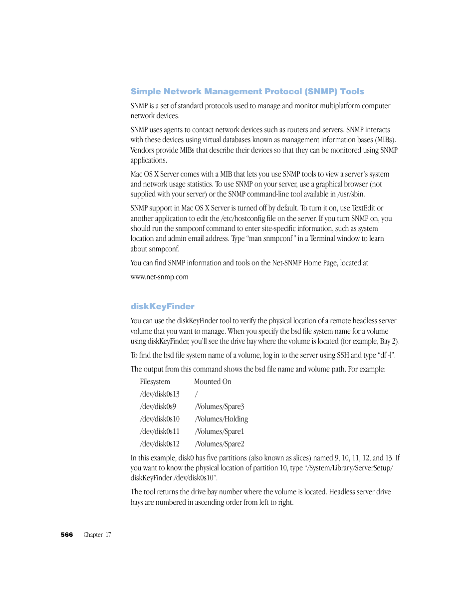 Simple network management protocol (snmp) tools, Diskkeyfinder | Apple Mac OS X Server (Administrator’s Guide) User Manual | Page 566 / 622