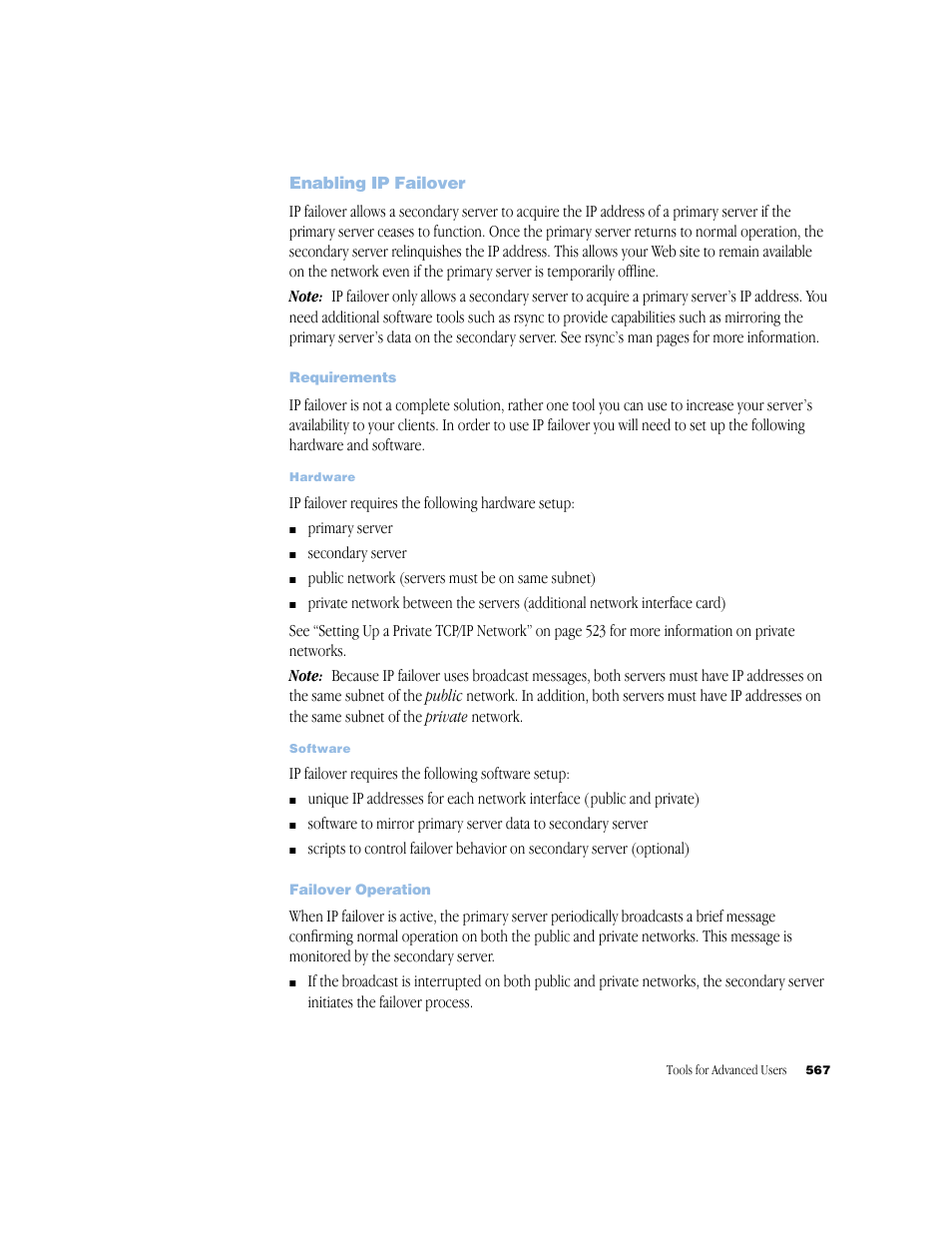 Enabling ip failover, Requirements, Failover operation | Apple Mac OS X Server (Administrator’s Guide) User Manual | Page 567 / 622