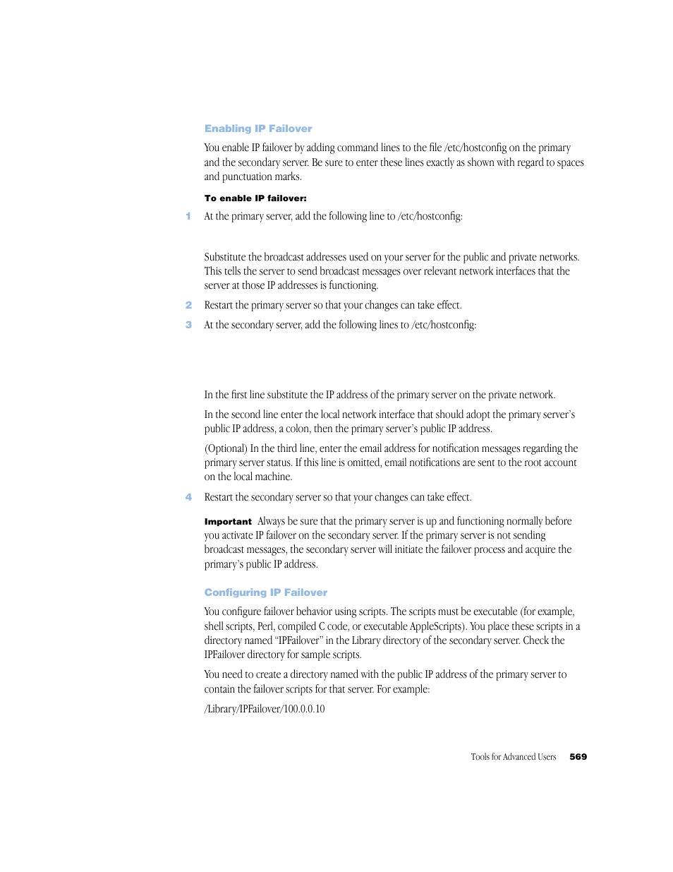 Enabling ip failover, Configuring ip failover | Apple Mac OS X Server (Administrator’s Guide) User Manual | Page 569 / 622