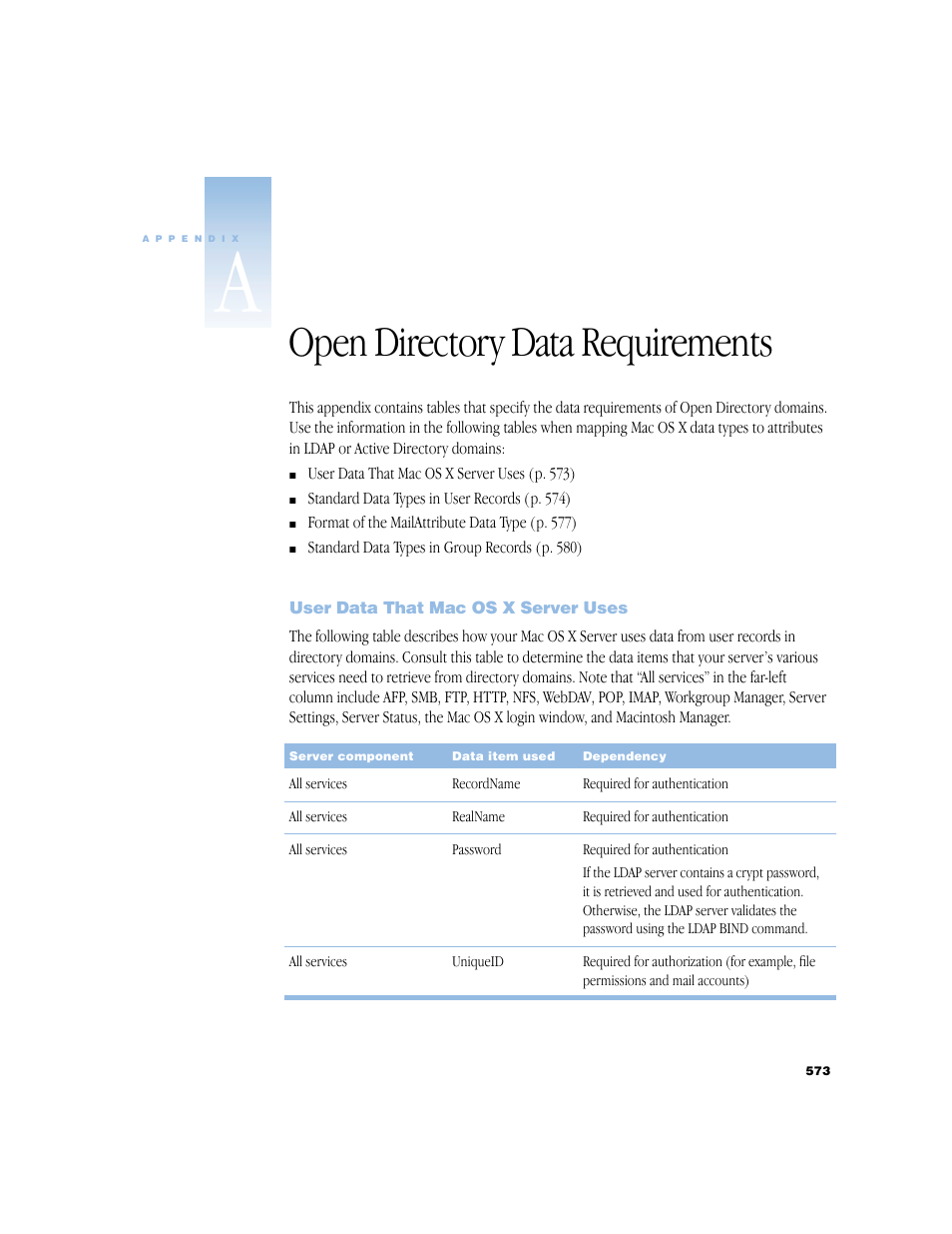Open directory data requirements, User data that mac os x server uses, Appendix a open directory data requirements 573 | User data that mac os x server uses 573, Appendix a, “open directory data requirements | Apple Mac OS X Server (Administrator’s Guide) User Manual | Page 573 / 622