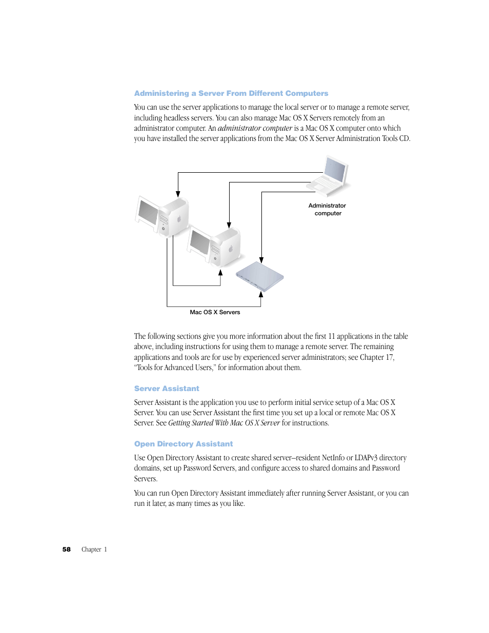 Administering a server from different computers, Server assistant, Open directory assistant | Apple Mac OS X Server (Administrator’s Guide) User Manual | Page 58 / 622