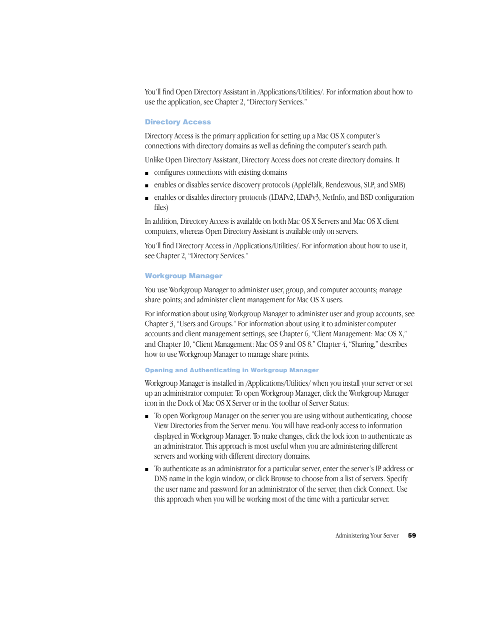 Directory access, Workgroup manager | Apple Mac OS X Server (Administrator’s Guide) User Manual | Page 59 / 622