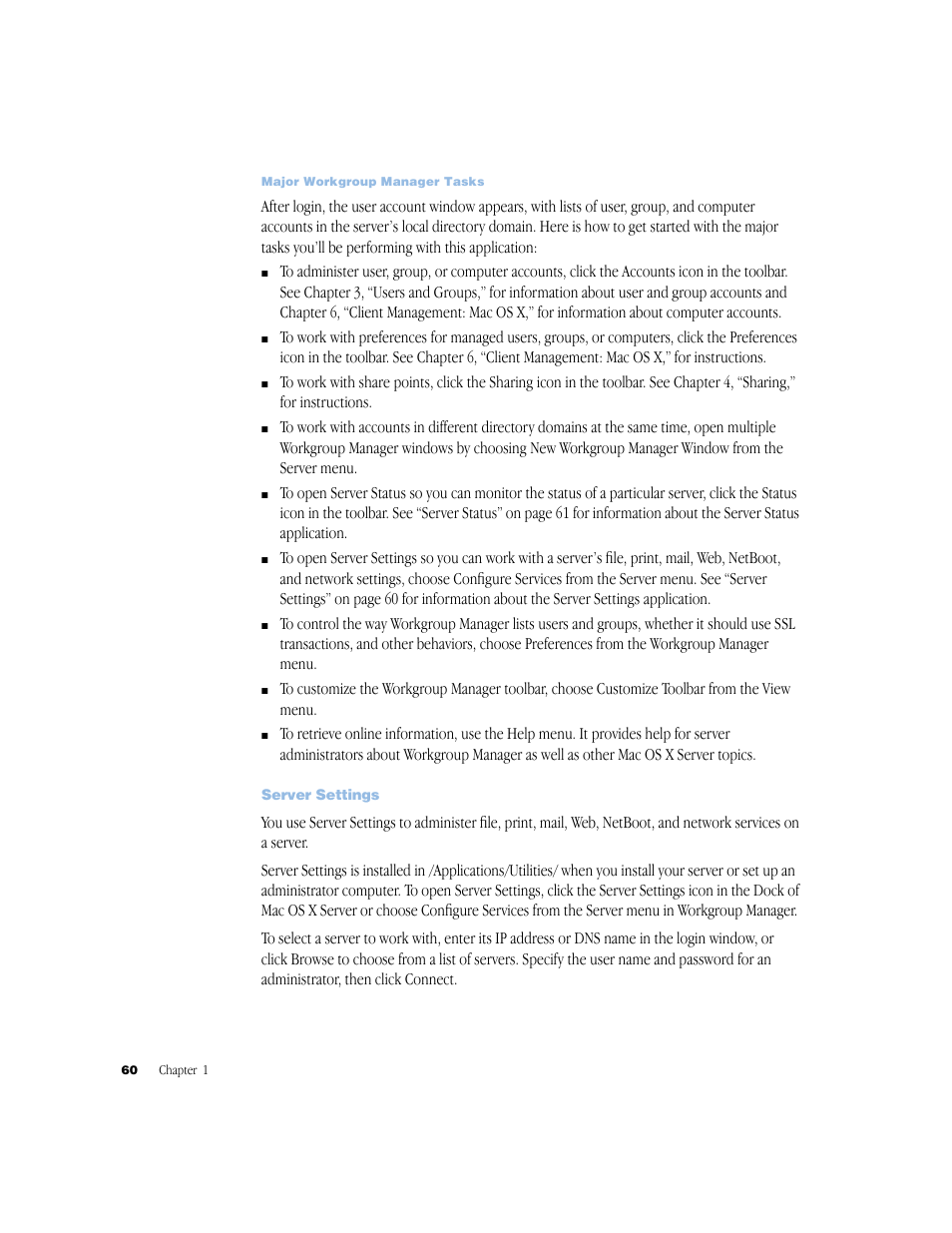 Server settings | Apple Mac OS X Server (Administrator’s Guide) User Manual | Page 60 / 622