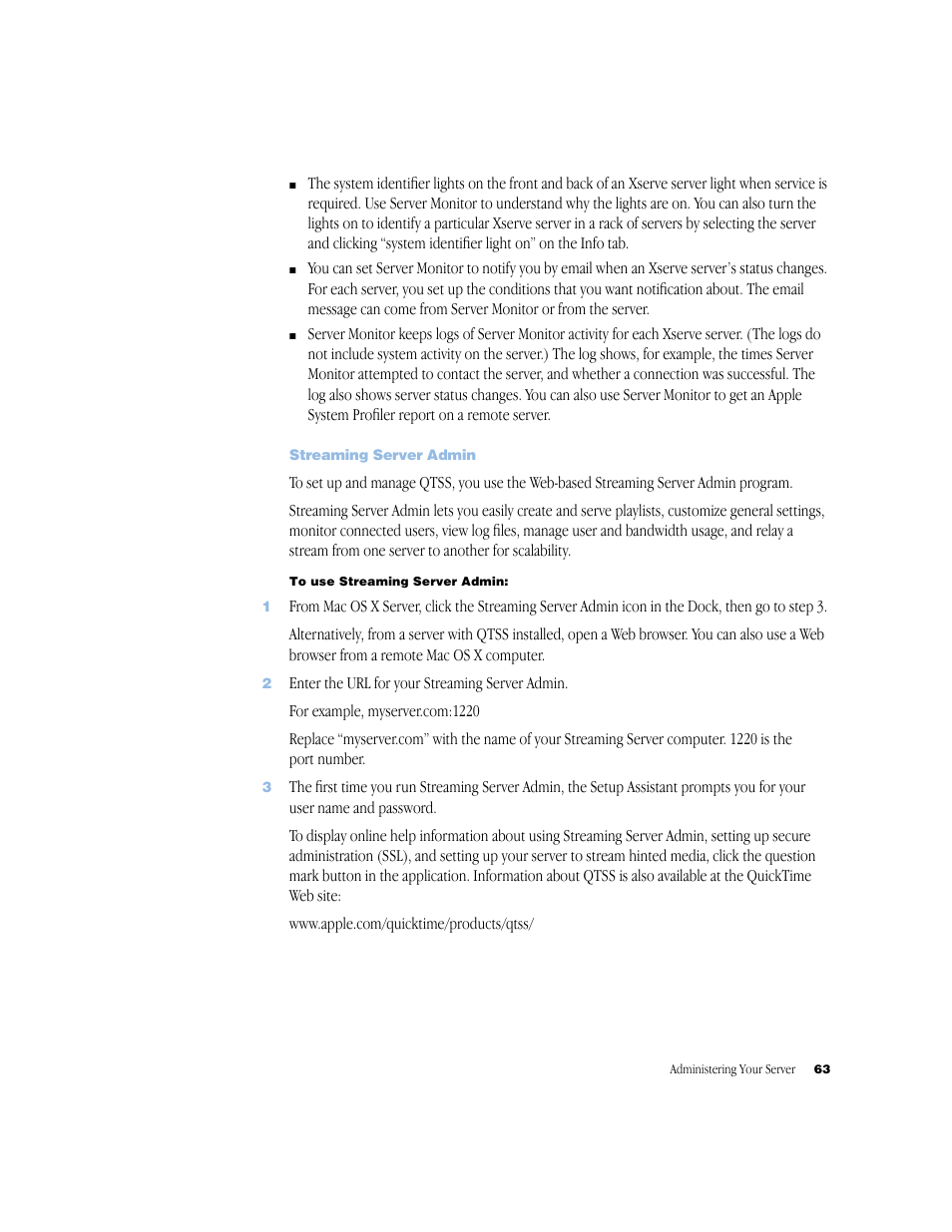Streaming server admin | Apple Mac OS X Server (Administrator’s Guide) User Manual | Page 63 / 622