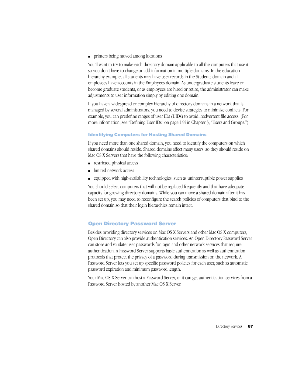 Identifying computers for hosting shared domains, Open directory password server | Apple Mac OS X Server (Administrator’s Guide) User Manual | Page 87 / 622