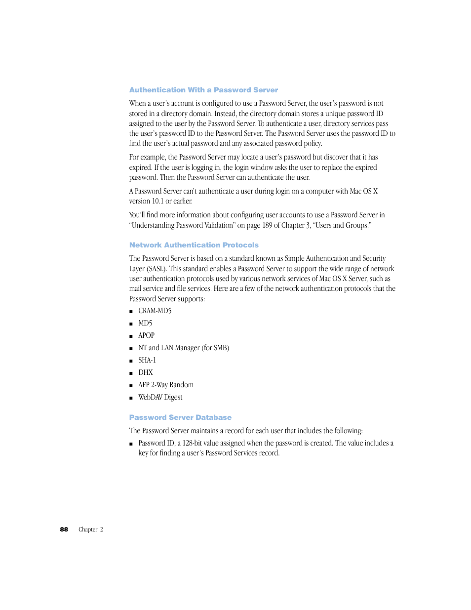 Authentication with a password server, Network authentication protocols, Password server database | Apple Mac OS X Server (Administrator’s Guide) User Manual | Page 88 / 622