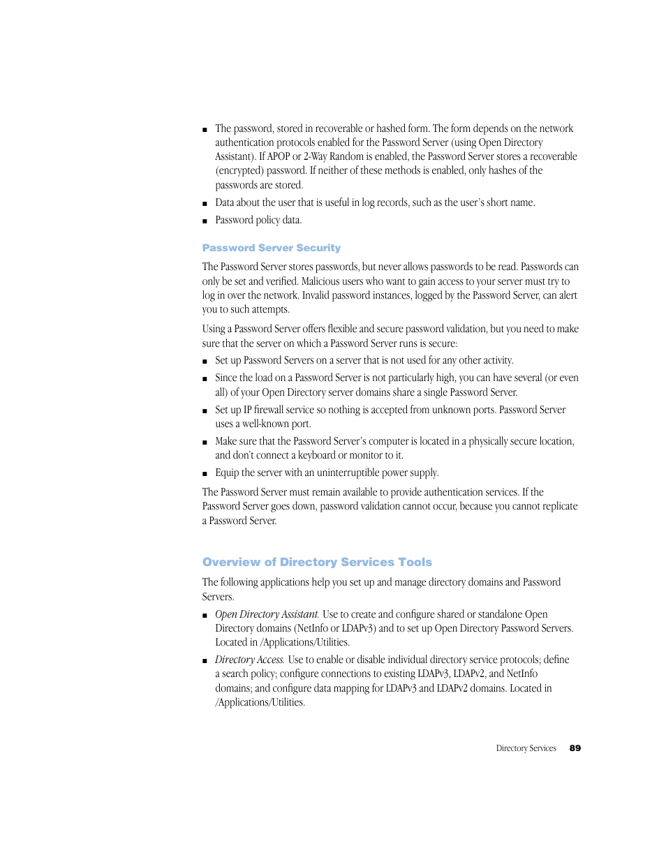 Password server security, Overview of directory services tools | Apple Mac OS X Server (Administrator’s Guide) User Manual | Page 89 / 622
