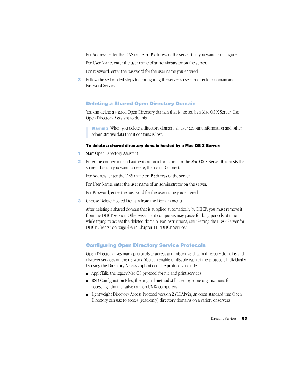 Deleting a shared open directory domain, Configuring open directory service protocols | Apple Mac OS X Server (Administrator’s Guide) User Manual | Page 93 / 622