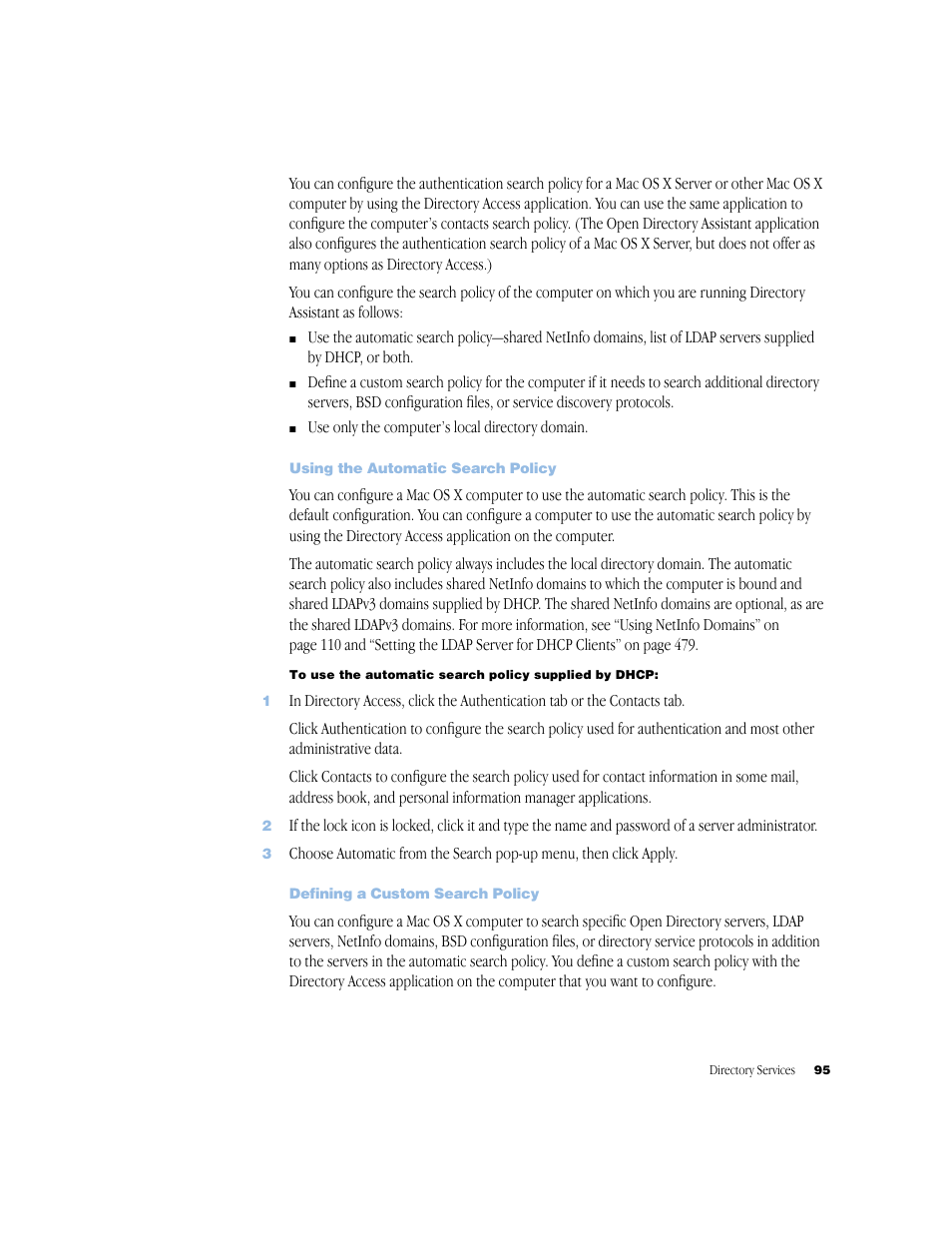 Using the automatic search policy, Defining a custom search policy | Apple Mac OS X Server (Administrator’s Guide) User Manual | Page 95 / 622