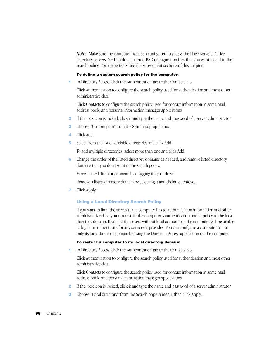 Using a local directory search policy | Apple Mac OS X Server (Administrator’s Guide) User Manual | Page 96 / 622