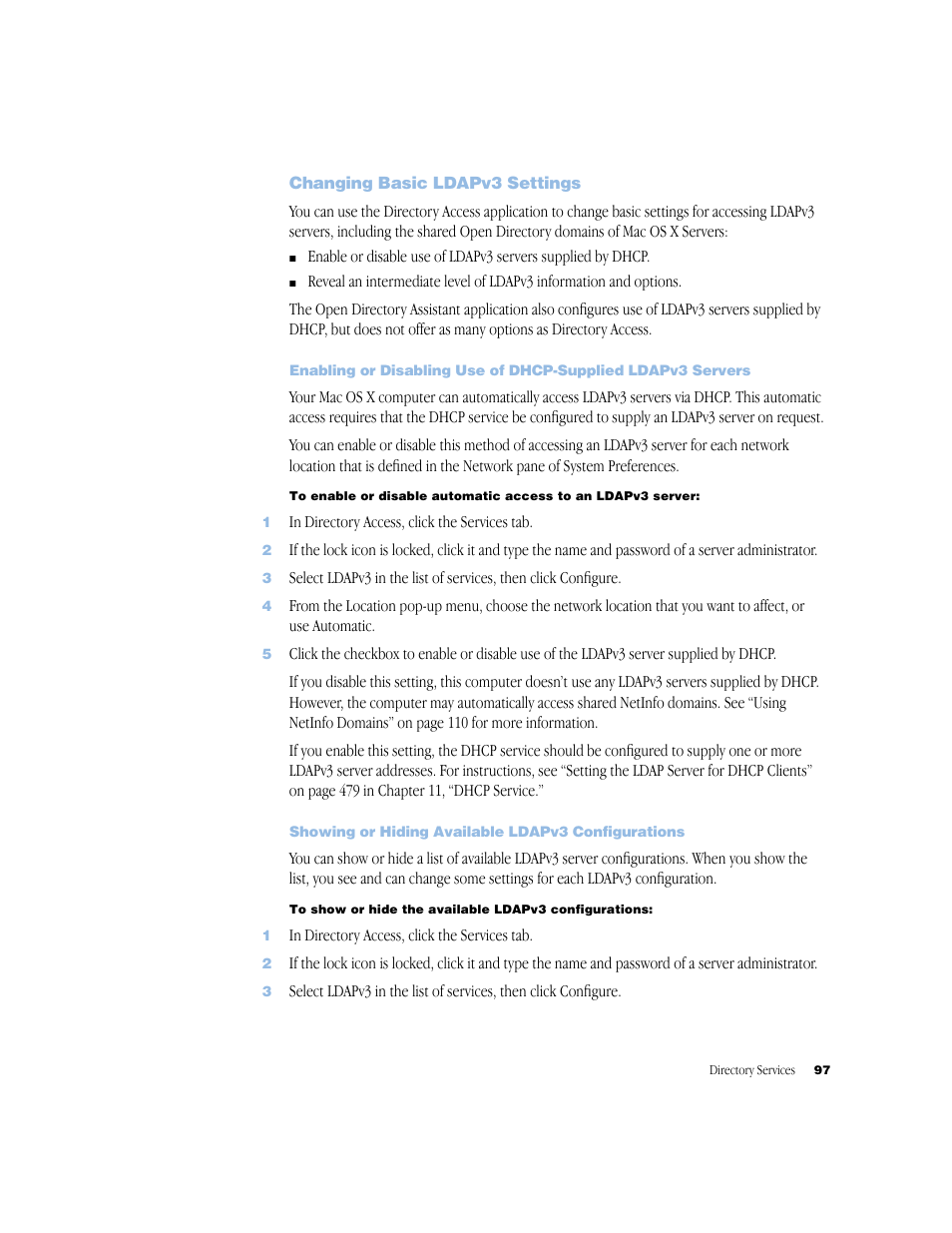 Changing basic ldapv3 settings, Showing or hiding available ldapv3 configurations | Apple Mac OS X Server (Administrator’s Guide) User Manual | Page 97 / 622