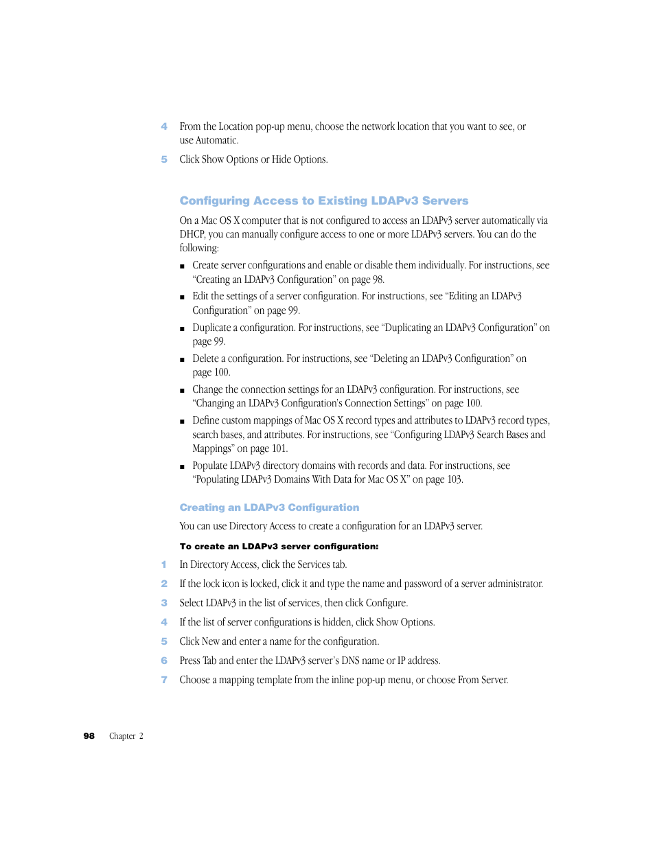 Configuring access to existing ldapv3 servers, Creating an ldapv3 configuration | Apple Mac OS X Server (Administrator’s Guide) User Manual | Page 98 / 622