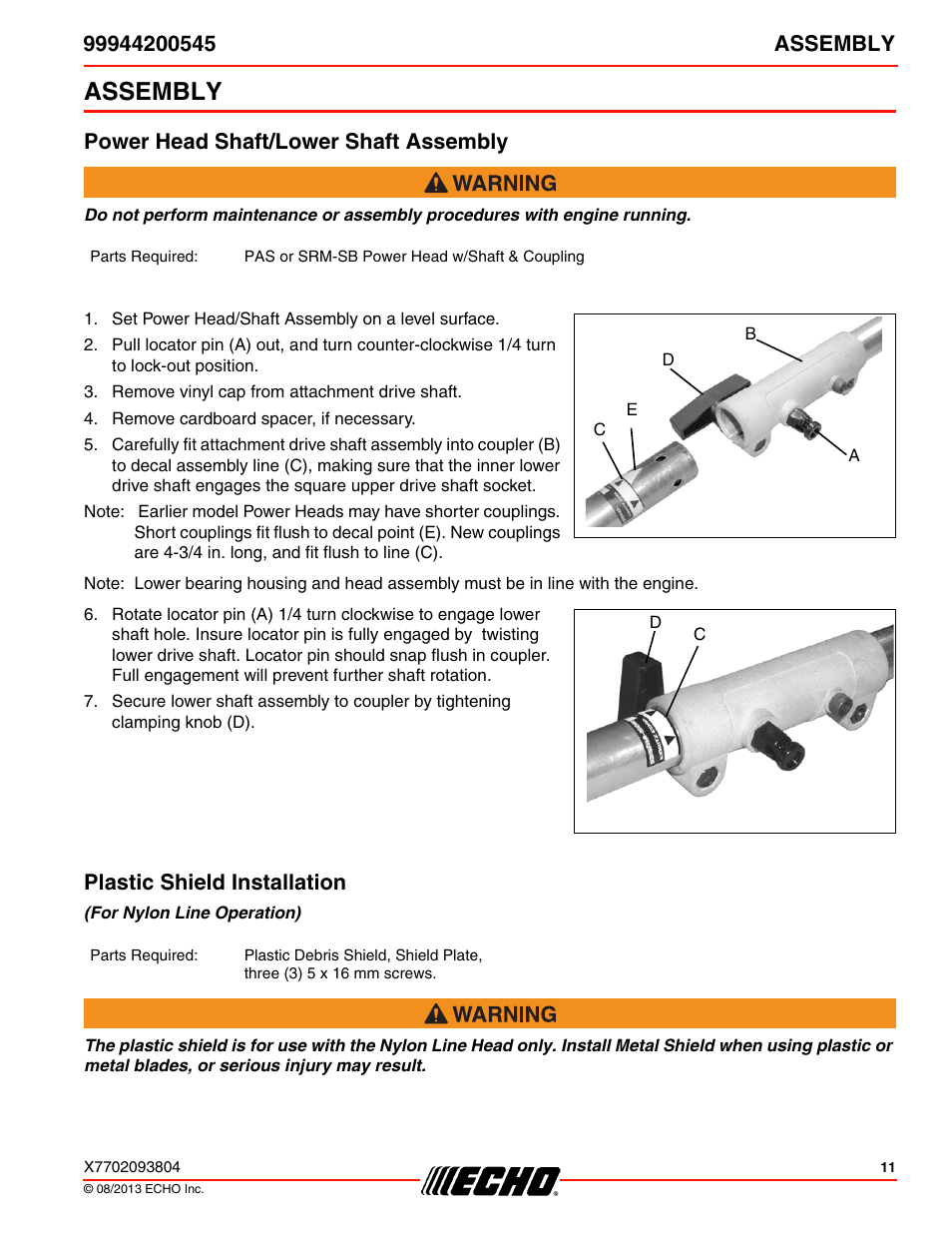 Assembly, Power head shaft/lower shaft assembly, Plastic shield installation | Echo 99944200545 User Manual | Page 11 / 24