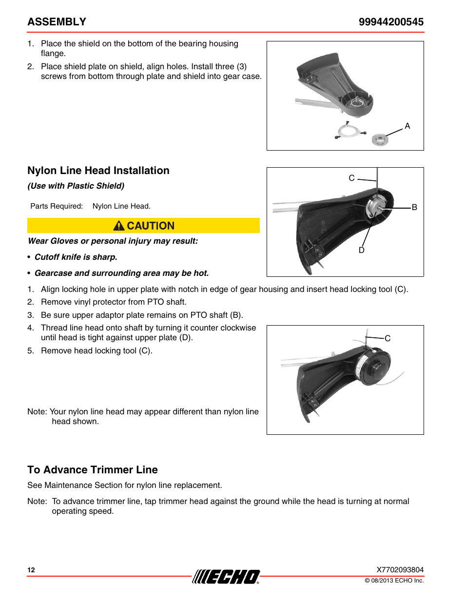 Nylon line head installation, To advance trimmer line | Echo 99944200545 User Manual | Page 12 / 24