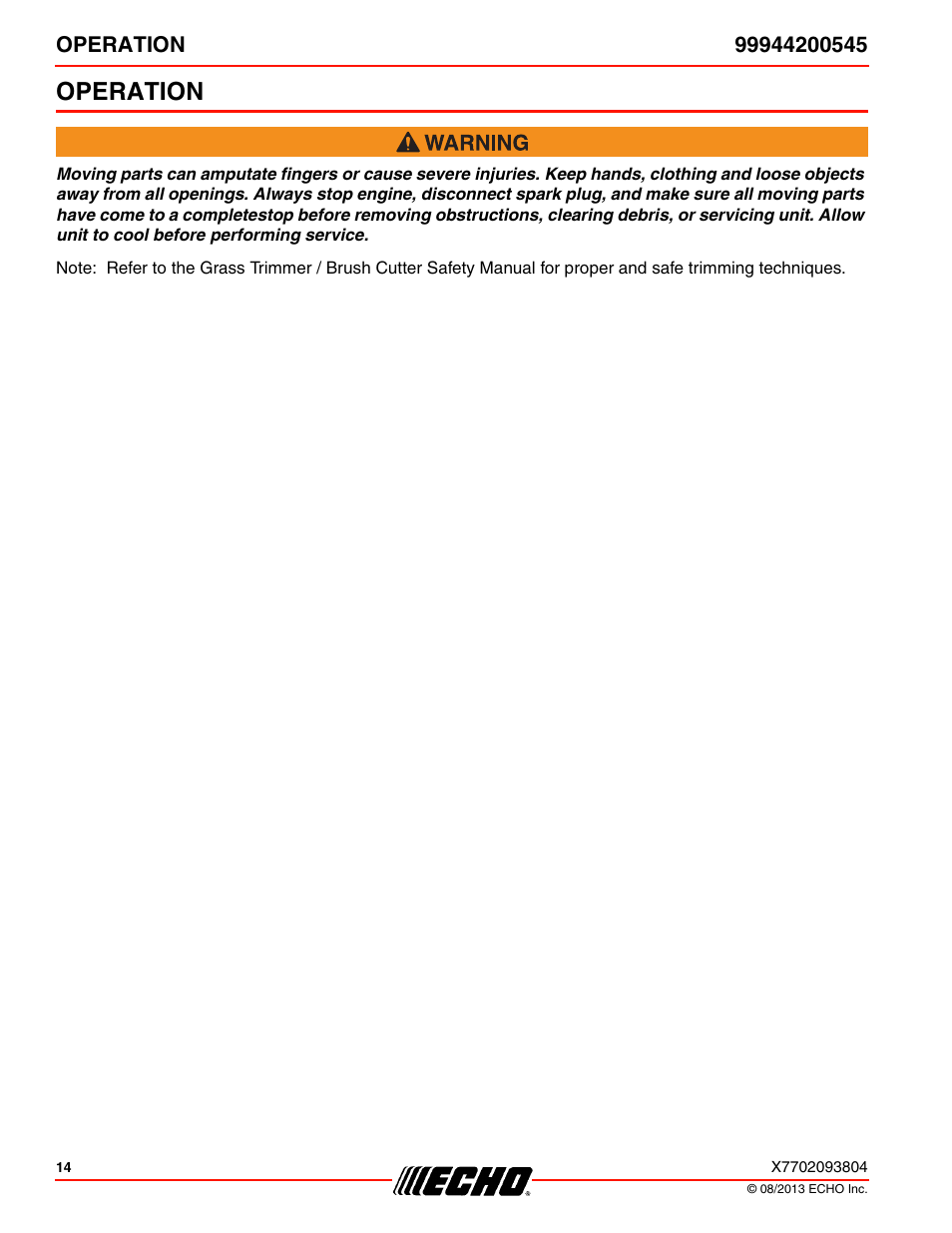 Operation | Echo 99944200545 User Manual | Page 14 / 24