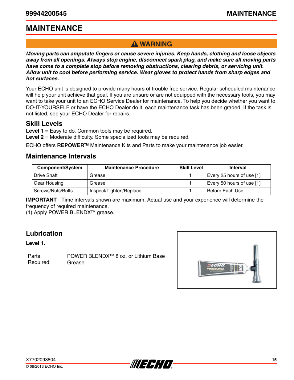 Maintenance, Skill levels, Maintenance intervals | Lubrication, Skill levels maintenance intervals lubrication | Echo 99944200545 User Manual | Page 15 / 24