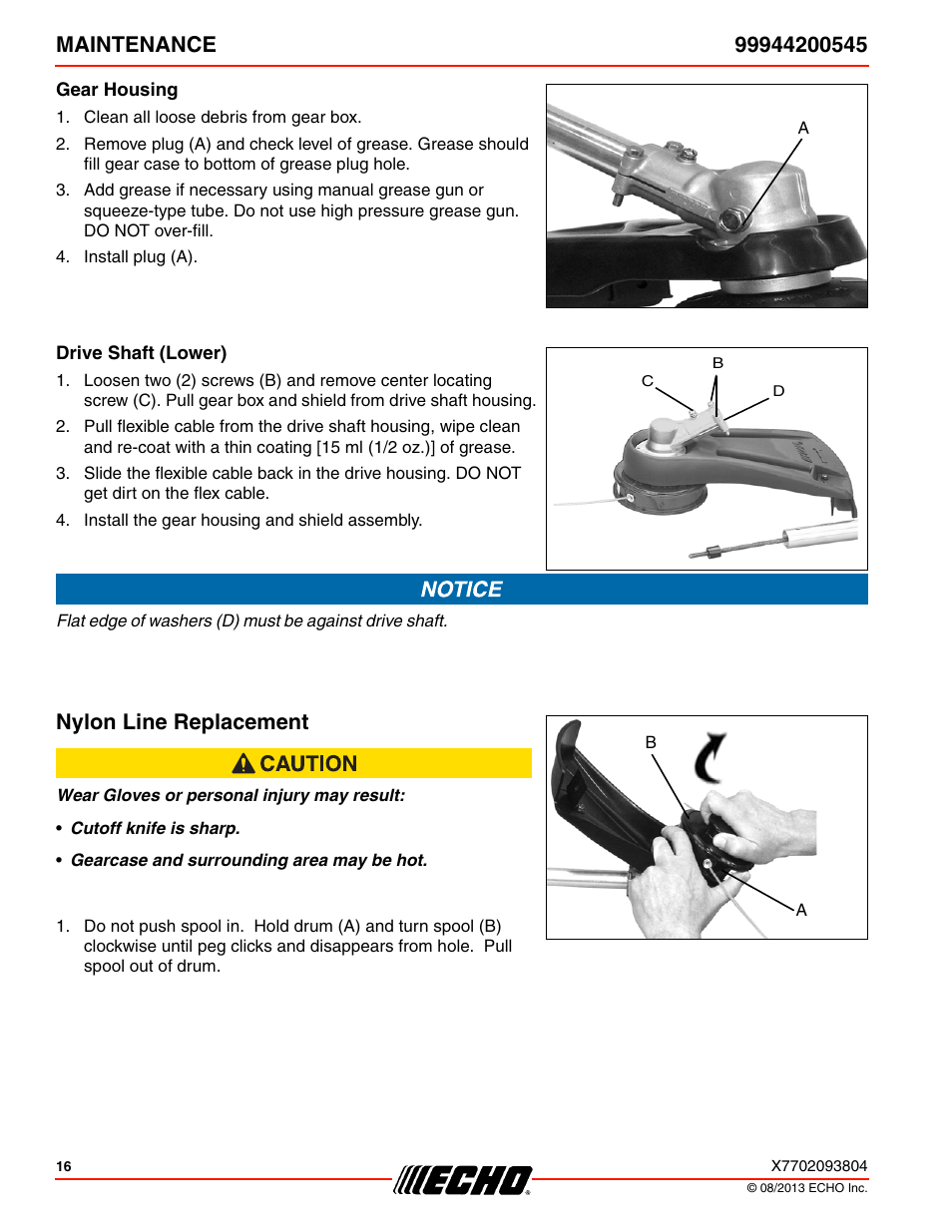 Gear housing, Drive shaft (lower), Nylon line replacement | Echo 99944200545 User Manual | Page 16 / 24