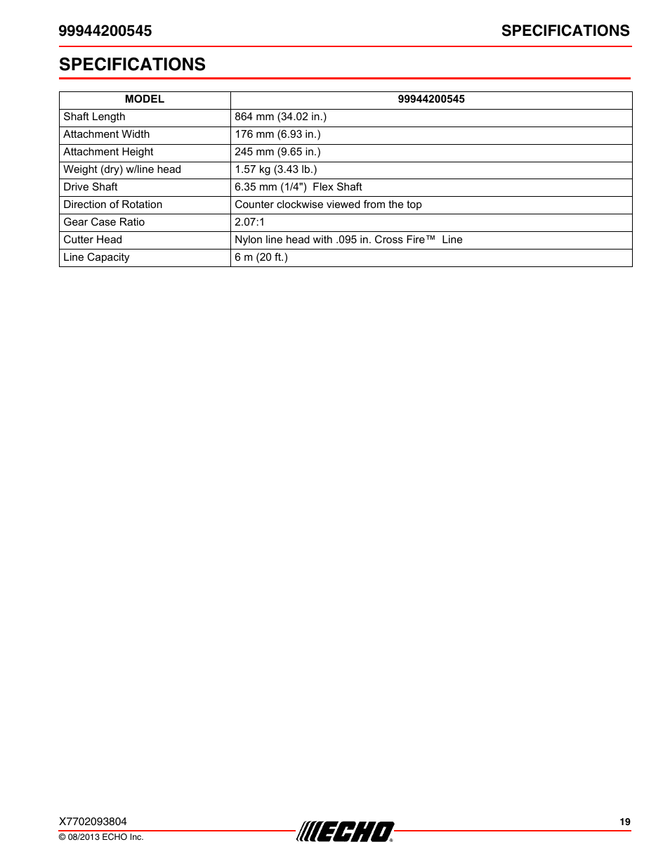 Specifications | Echo 99944200545 User Manual | Page 19 / 24