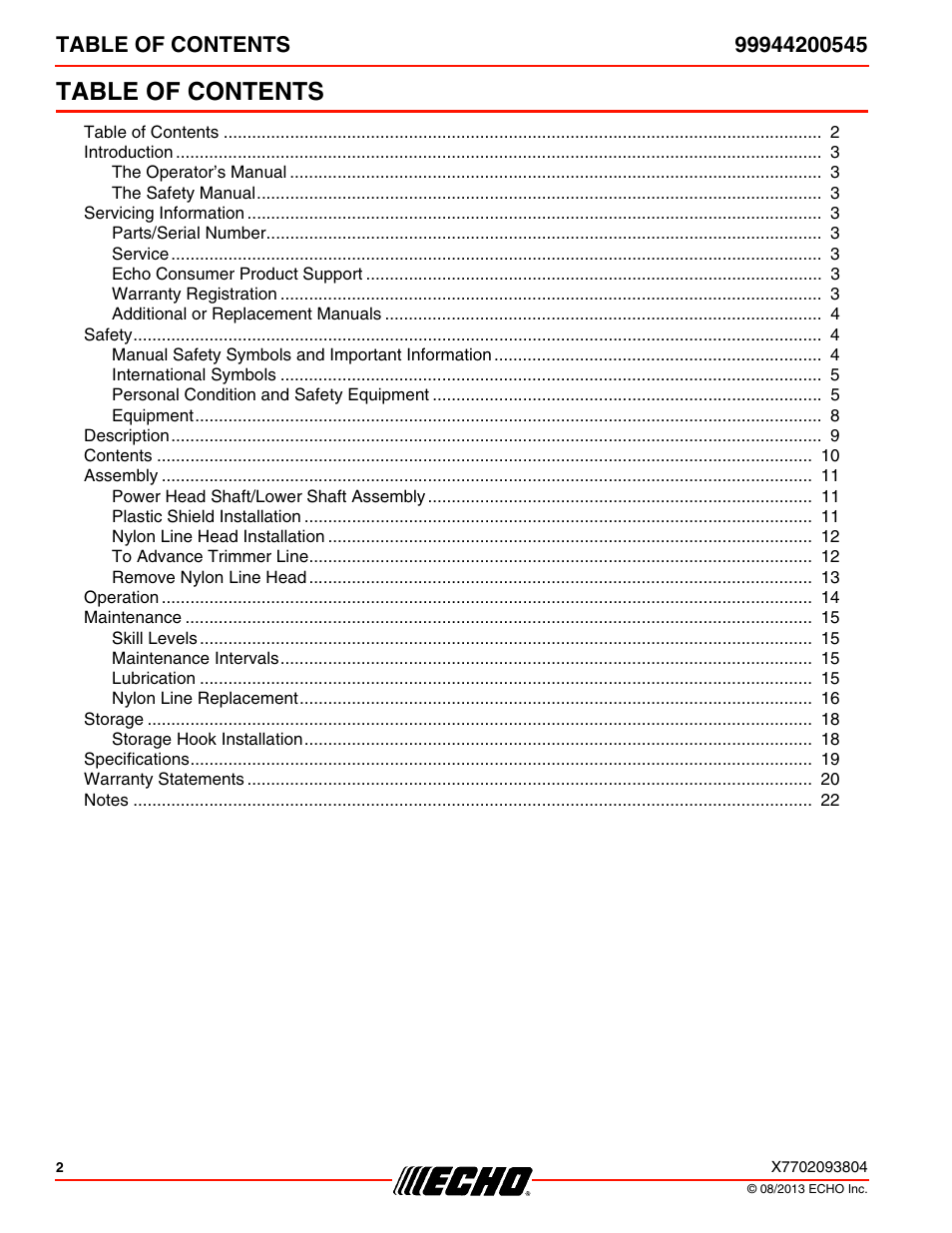 Echo 99944200545 User Manual | Page 2 / 24