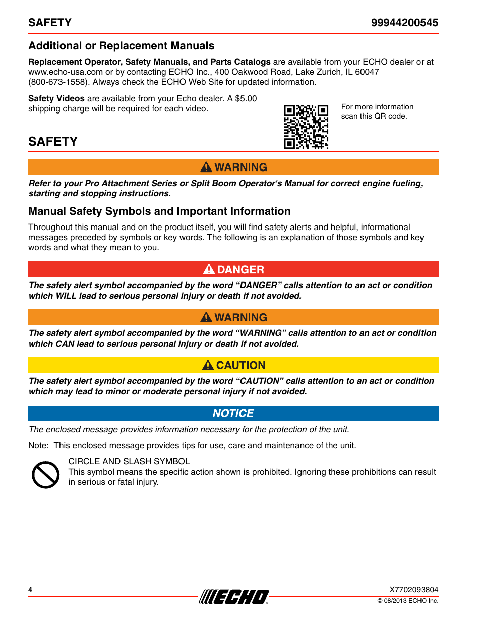 Additional or replacement manuals, Safety, Manual safety symbols and important information | Echo 99944200545 User Manual | Page 4 / 24