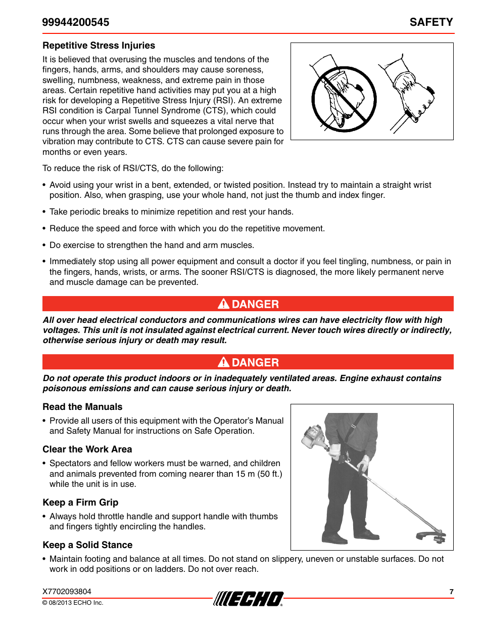 Repetitive stress injuries, Read the manuals, Clear the work area | Keep a firm grip, Keep a solid stance | Echo 99944200545 User Manual | Page 7 / 24