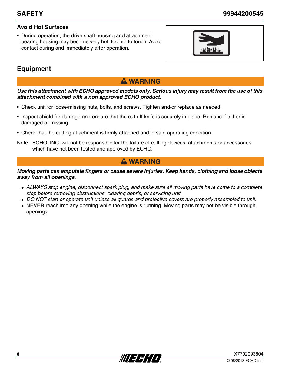 Avoid hot surfaces, Equipment | Echo 99944200545 User Manual | Page 8 / 24