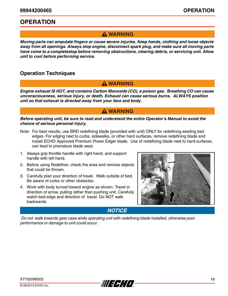 Operation, Operation techniques | Echo 99944200465 User Manual | Page 13 / 24